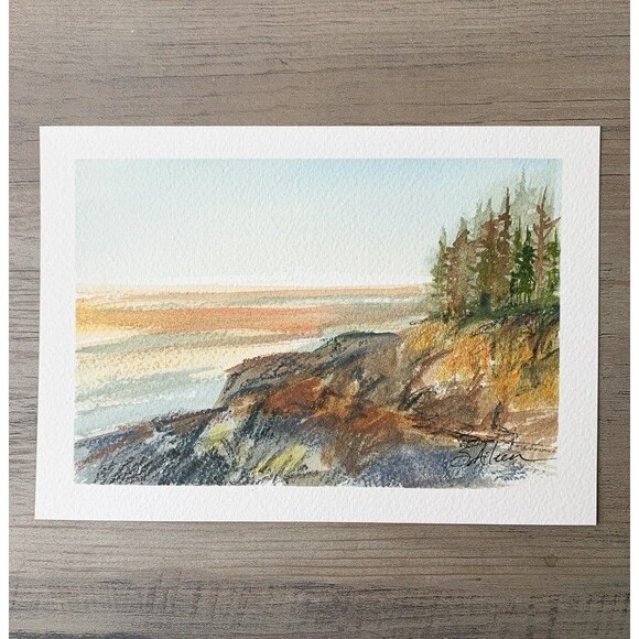 Watercolor Painting Orig. Sunrise at Deep Cove Acadia Natn'l Park Signed 5x7 - Picture 3 of 3
